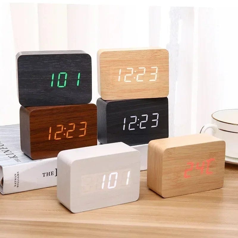 LED Wooden Digital Alarm Clock – Voice Control Table Clock with Temperature & Date Display