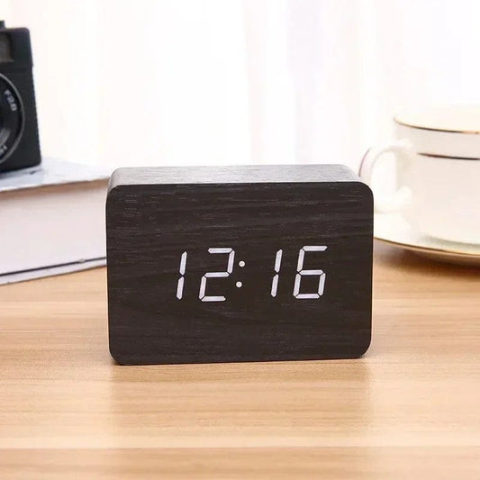 LED Wooden Digital Alarm Clock – Voice Control Table Clock with Temperature & Date Display