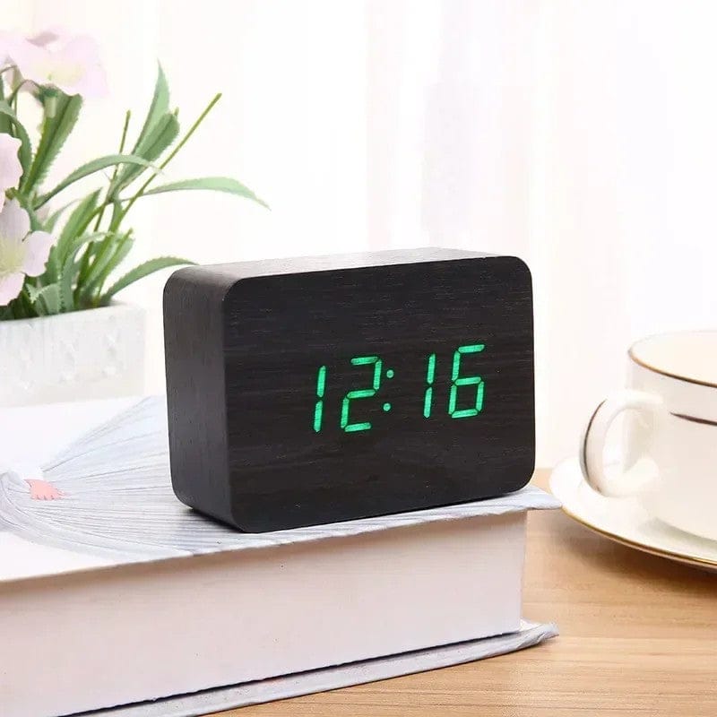 LED Wooden Digital Alarm Clock – Voice Control Table Clock with Temperature & Date Display