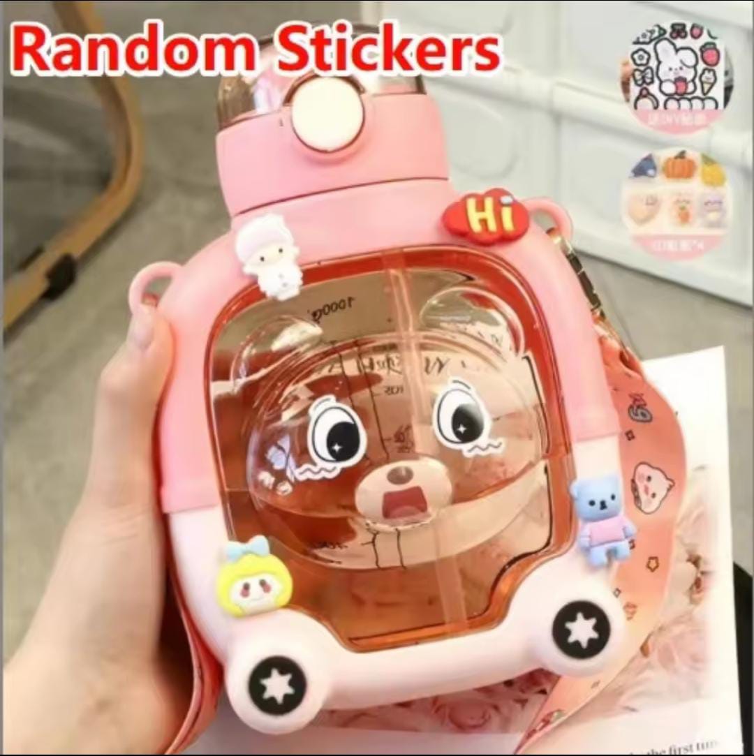 Premium Cartoon Bear Square Water Bottle for Kids – Dual Straw & Sipper, Strap & Stickers Included