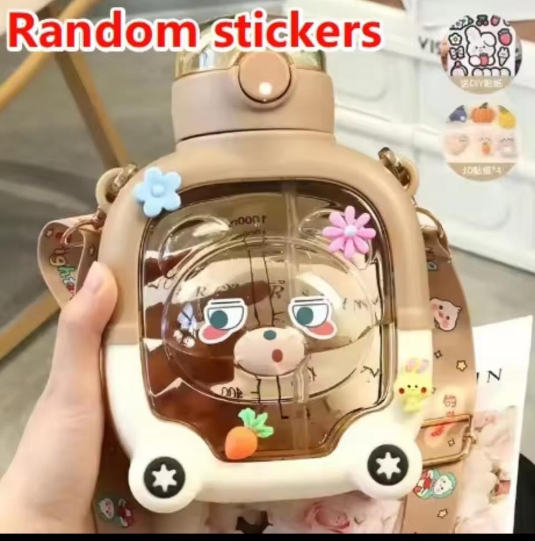 Premium Cartoon Bear Square Water Bottle for Kids – Dual Straw & Sipper, Strap & Stickers Included