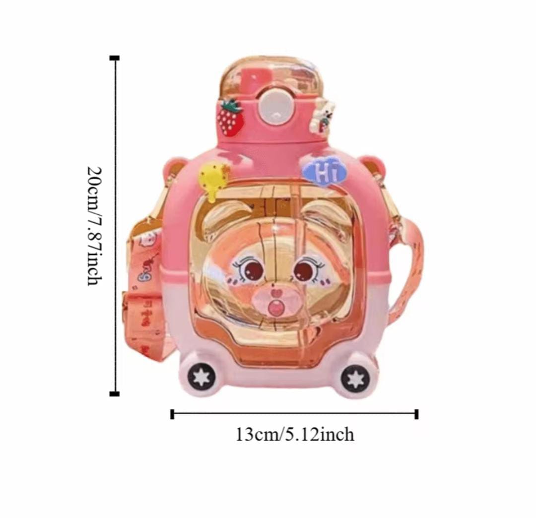 Premium Cartoon Bear Square Water Bottle for Kids – Dual Straw & Sipper, Strap & Stickers Included