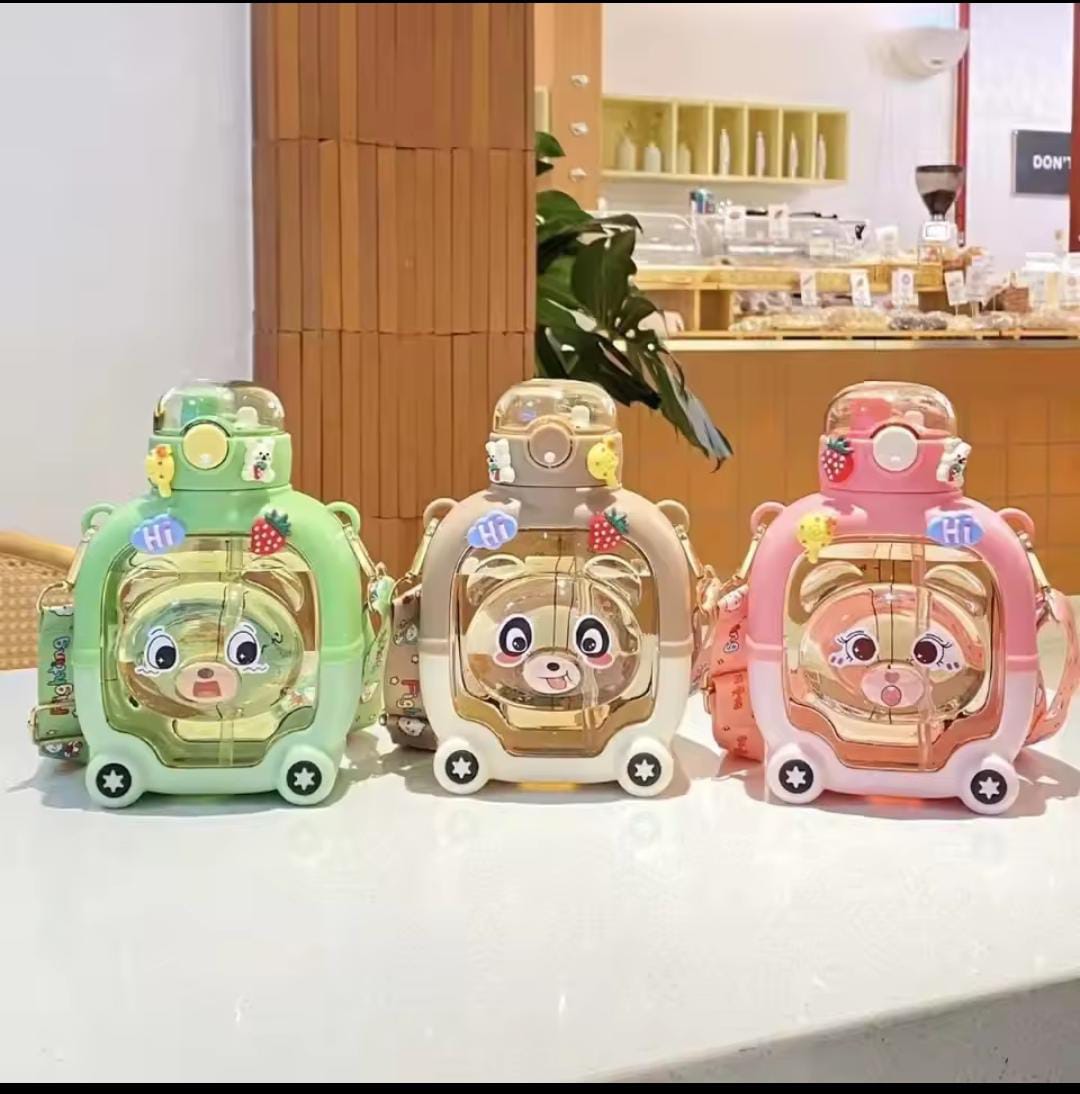 Premium Cartoon Bear Square Water Bottle for Kids – Dual Straw & Sipper, Strap & Stickers Included