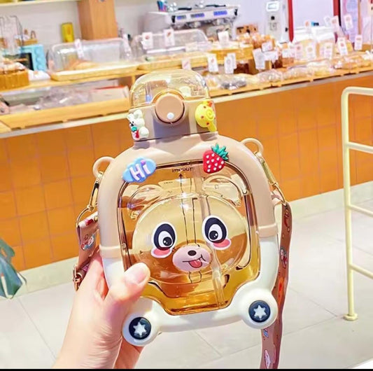Premium Cartoon Bear Square Water Bottle for Kids – Dual Straw & Sipper, Strap & Stickers Included