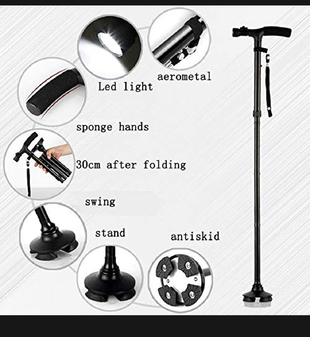 Trusty Cane – Foldable Walking Stick with LED Light & 360° Tripod Base for Seniors