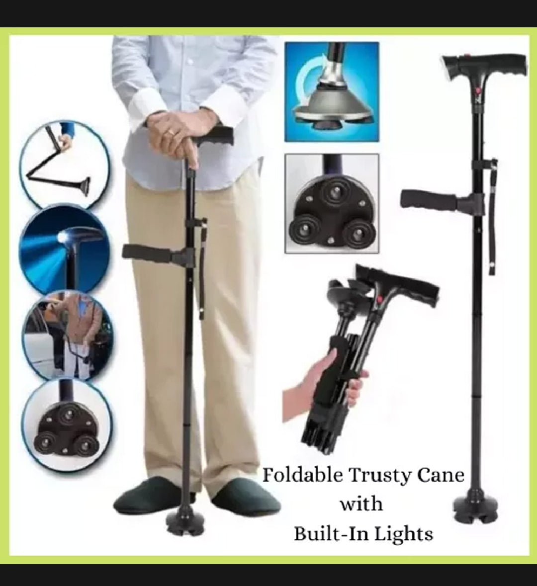 Trusty Cane – Foldable Walking Stick with LED Light & 360° Tripod Base for Seniors