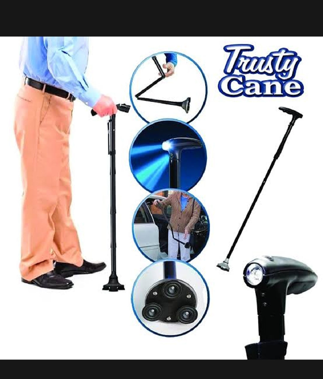 Trusty Cane – Foldable Walking Stick with LED Light & 360° Tripod Base for Seniors