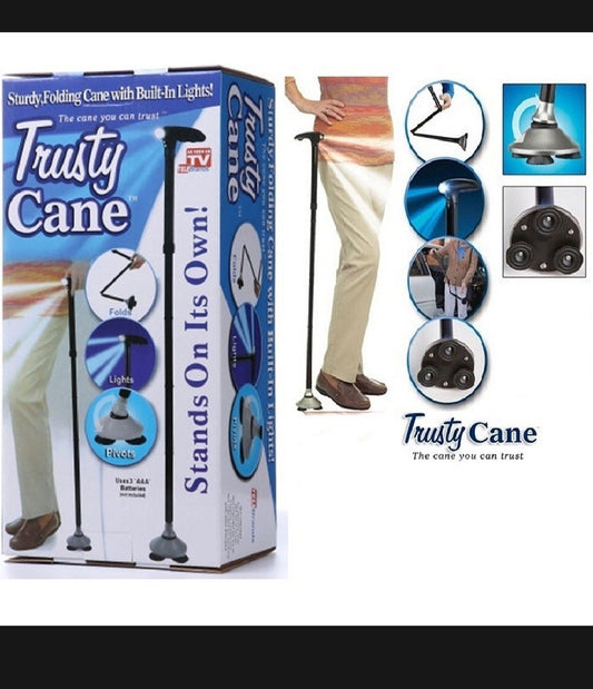 Trusty Cane – Foldable Walking Stick with LED Light & 360° Tripod Base for Seniors